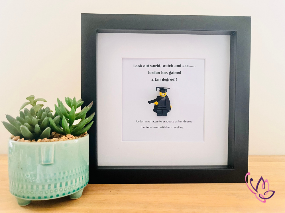 Personalised Lego graduation gift frame 1 graduation - look out world black