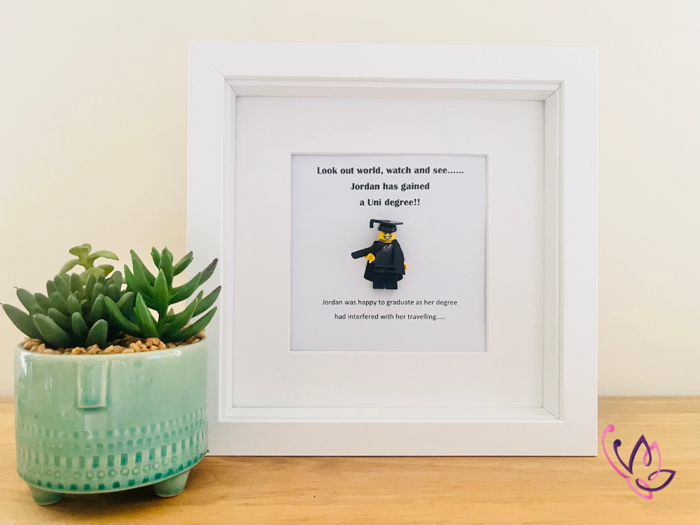 Personalised Lego graduation gift frame 2 graduation - look out world white