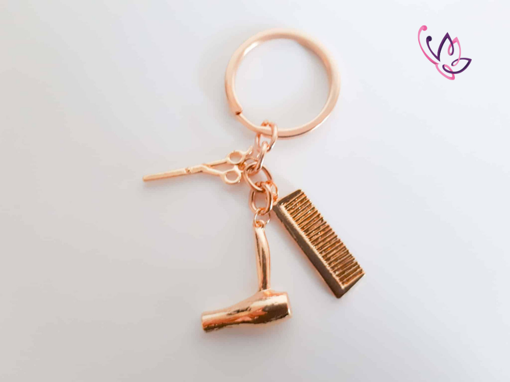 Hairdressing keyring with charms 3 gold hair dresser keyring