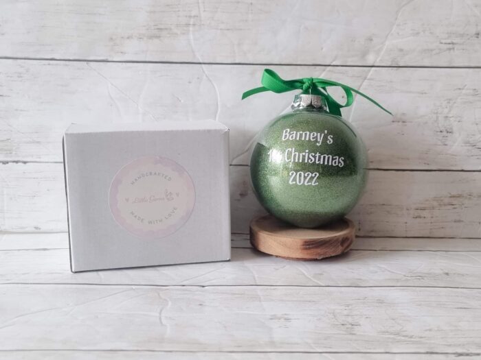 green glitter bauble with gift box